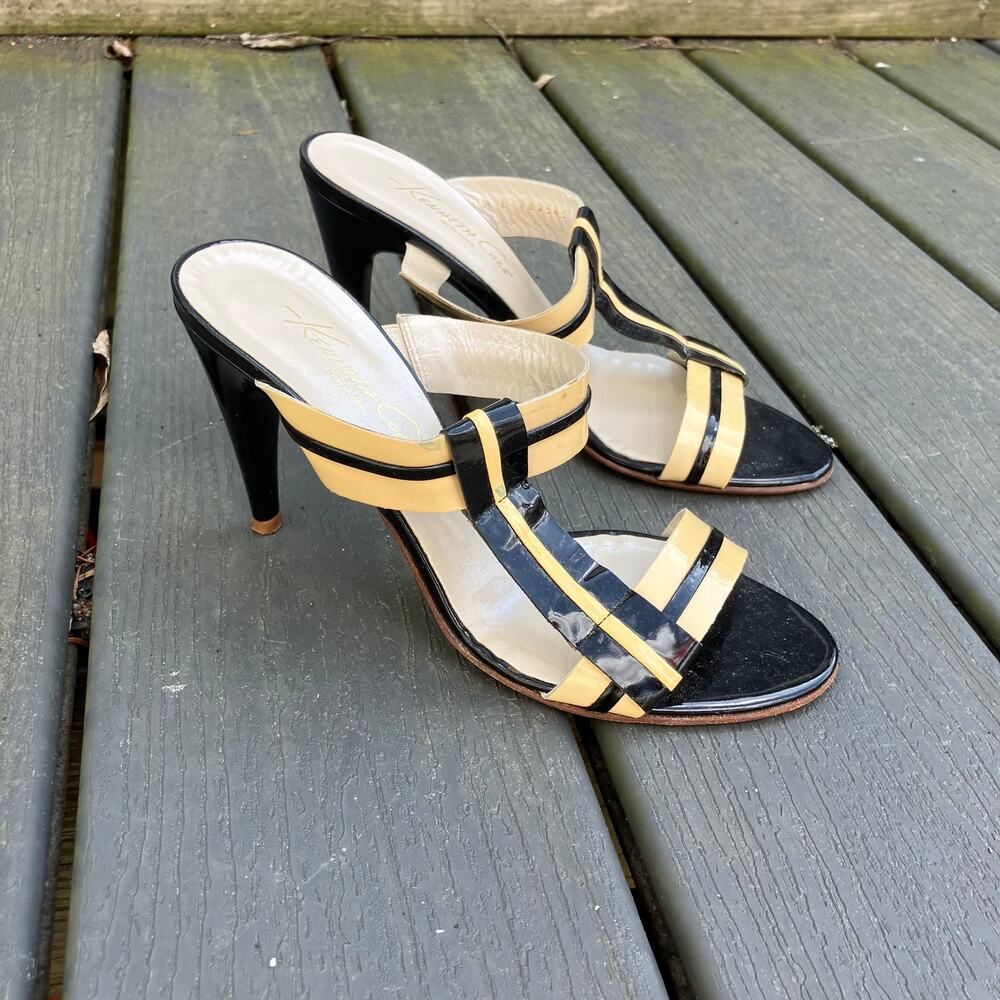 Cream and black striped strappy open toe sandal heels Kenneth Cole New York